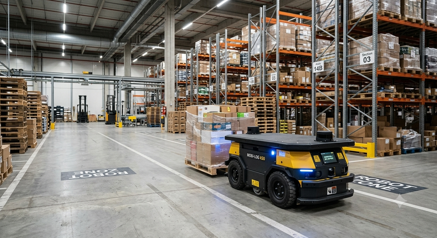 Industrial forklift robot in a warehouse