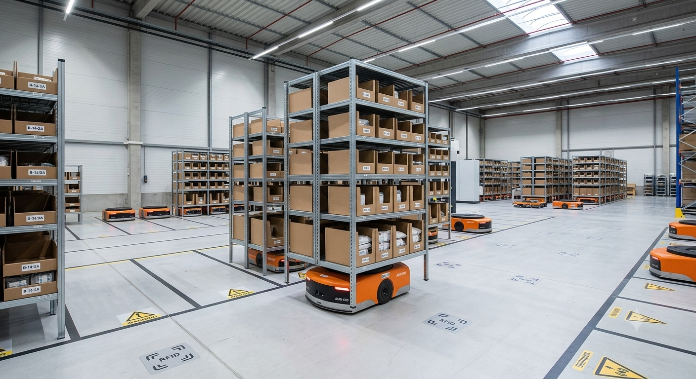 Warehouse shelving with mobile robots