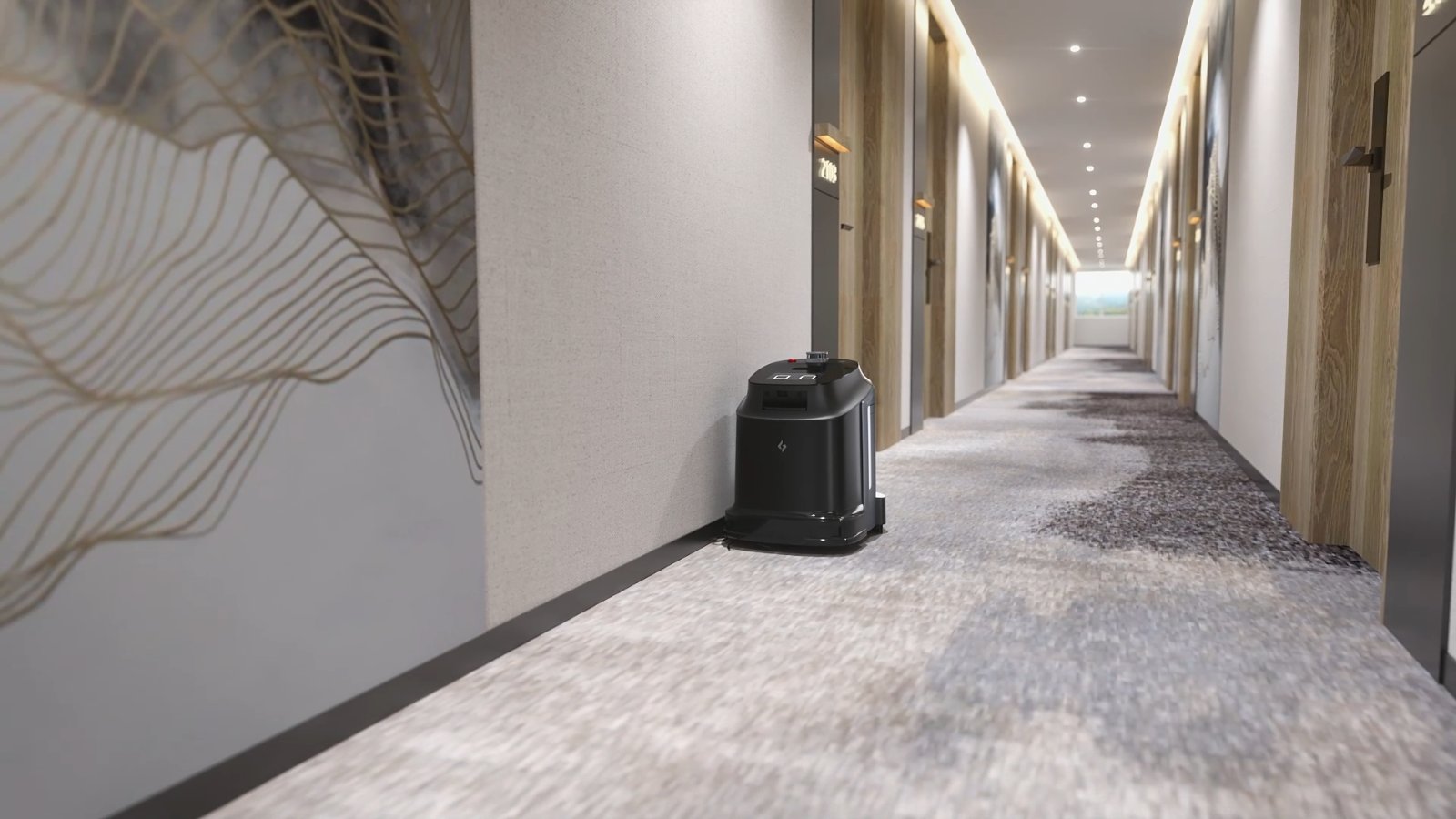 Autonomous cleaning robot in a hotel lobby