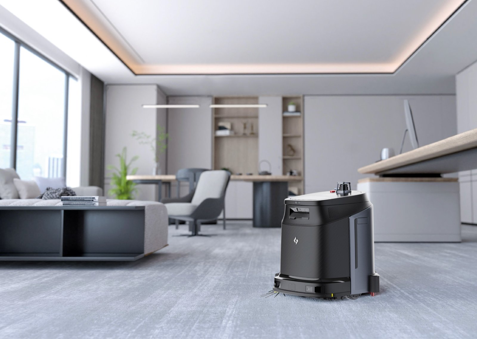 Cleaning robot in a modern managed office space